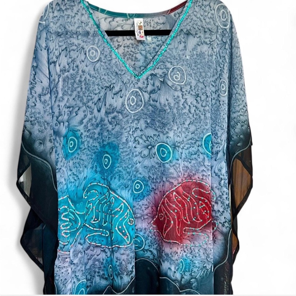 India Boutique Blue and Red Swim Coverup with V-Neckline